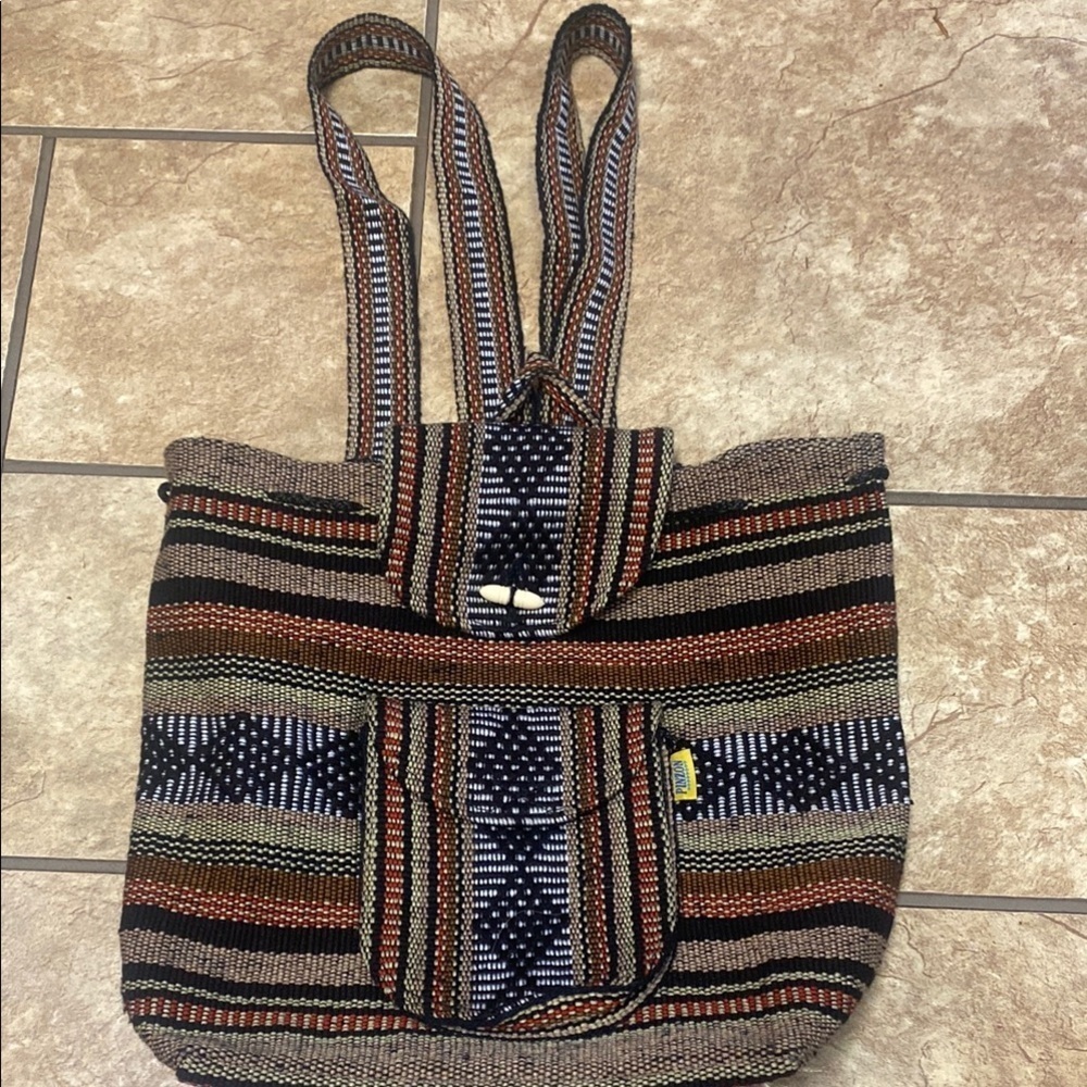 Woven Backpack with Geometric Pattern Tan, Red, Brown Utility Travel